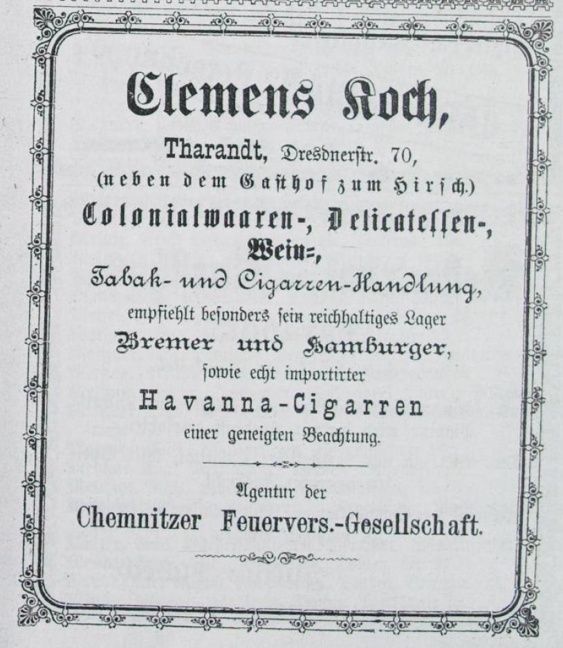 Colonialwaaren Delicatessen Wein Tabak und Cigarren handlung Tharandt 1883